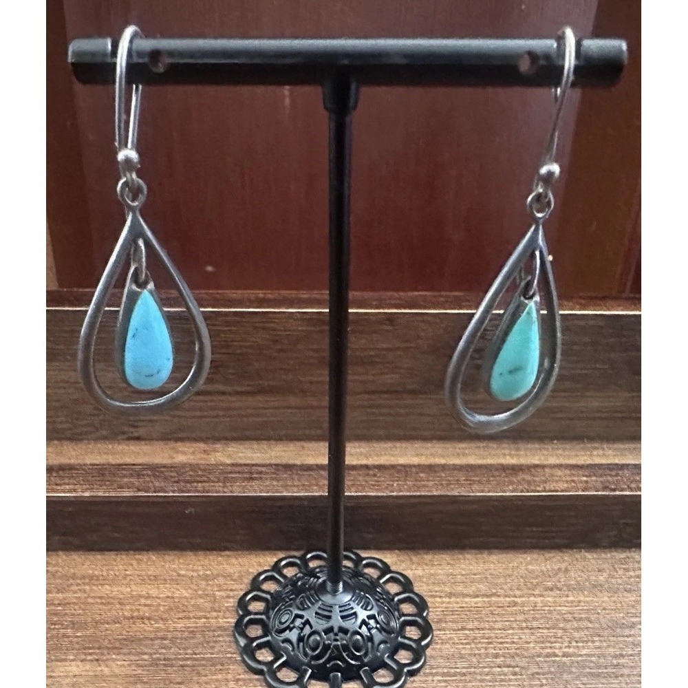 SX Vintage Sterling Silver 925 Dangling Turquoise Loop Teardrop Shape Earrings